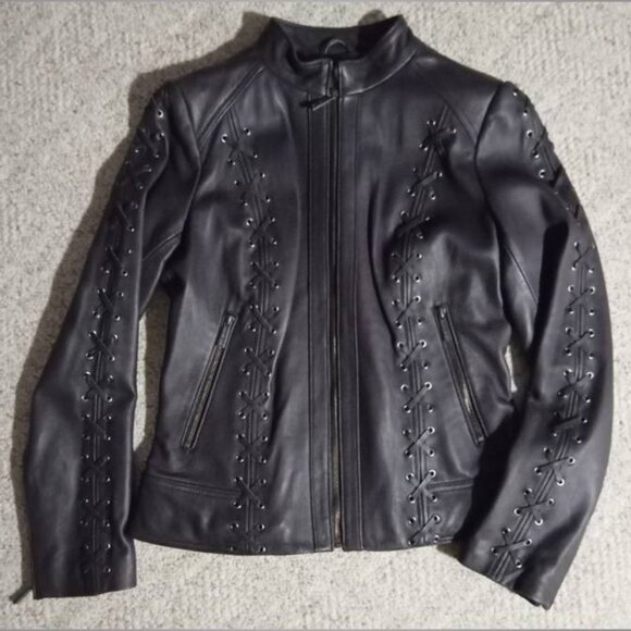 stunning! Michael Kors purple LEATHER jacket Coat size medium moto style - Picture 2 of 12